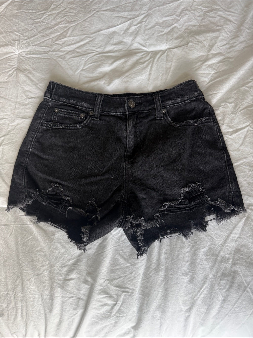 Black Denim Shorts Stretchy Waist Distressed Aerie XS/0